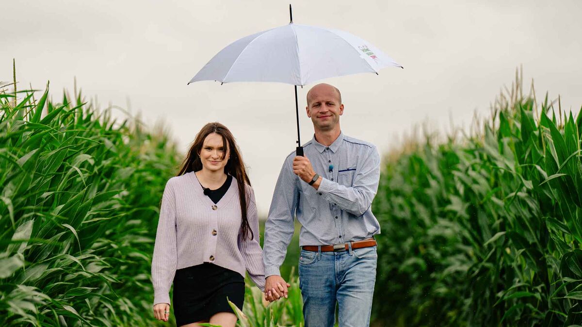 Para idzie ścieżką między wysokimi roślinami, trzymając się za ręce. Mężczyzna trzyma nad sobą biały parasol, a oboje mają przypięte mikroporty do ubrań. W tle widać rzędy zielonych łanów i jasne, pochmurne niebo.
